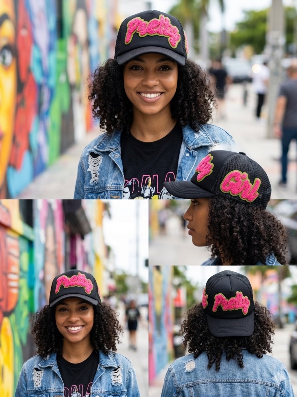Custom Hat - Women's Black Trucker Hat with Pink Fuzzy Script Patch